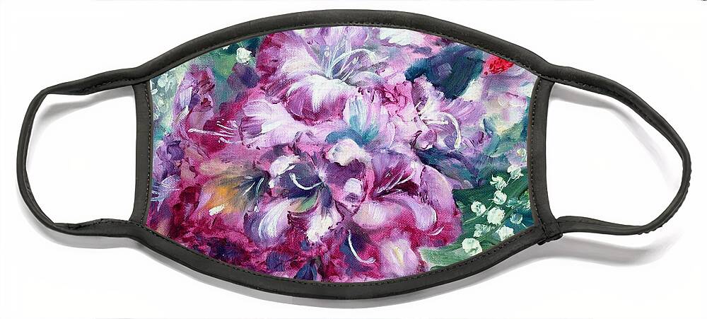 Rhododendron Face Mask featuring the painting Rhododendron and Lily of the Valley by Ryn Shell