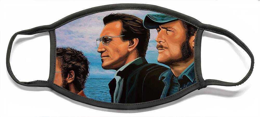 Jaws Face Mask featuring the painting Jaws with Richard Dreyfuss, Roy Scheider and Robert Shaw by Paul Meijering