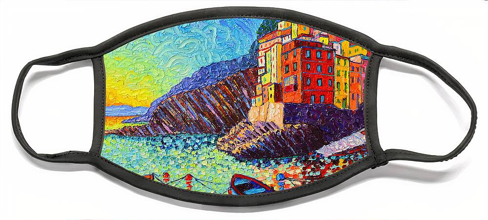 Riomaggiore Face Mask featuring the painting Riomaggiore Sunset - Cinque Terre Italy - Palette Knife Oil Painting By Ana Maria Edulescu by Ana Maria Edulescu