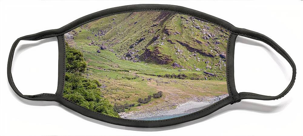 Joan Carroll Face Mask featuring the photograph River Valley Overlook New Zealand by Joan Carroll