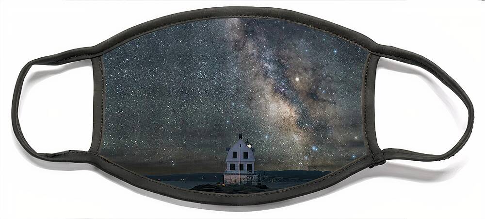 Milky Way Face Mask featuring the photograph Rockland Breakwall Lighthouse by Hal Mitzenmacher