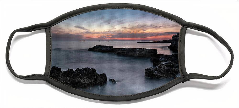 Michalakis Ppalis Face Mask featuring the photograph Rocky Coastline and Beautiful Sunset by Michalakis Ppalis