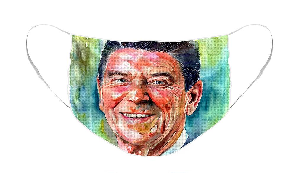 Ronald Face Mask featuring the painting Ronald Reagan watercolor by Suzann Sines