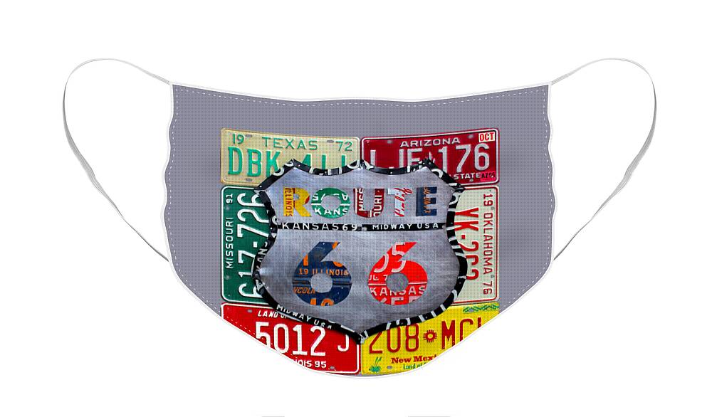 Route 66 Highway Road Sign License Plate Art Travel License Plate Map Face Mask featuring the mixed media Route 66 Highway Road Sign License Plate Art by Design Turnpike