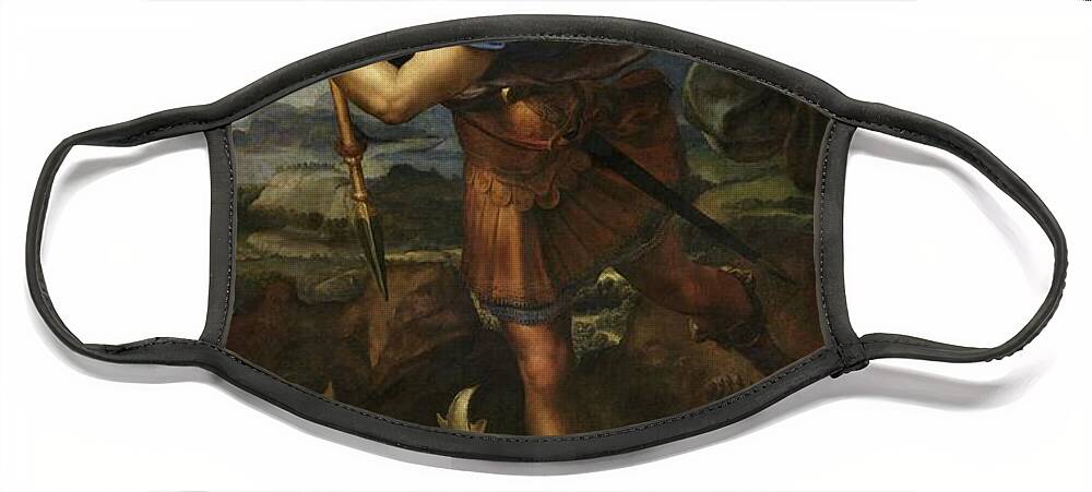 Urbino Face Mask featuring the painting Saint Michael Defeats Satan by Troy Caperton