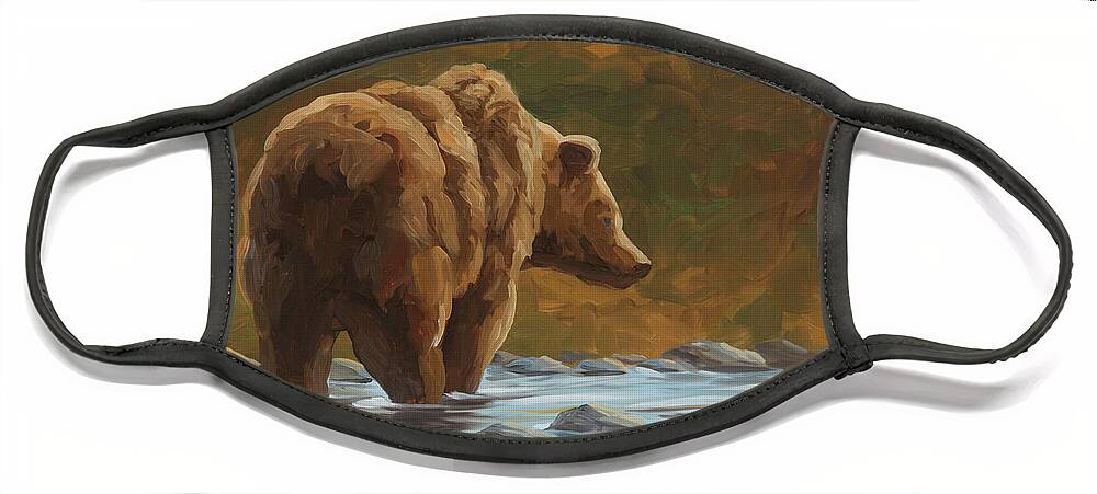Grizzly Bear Face Mask featuring the painting Salmon Run by Guy Crittenden