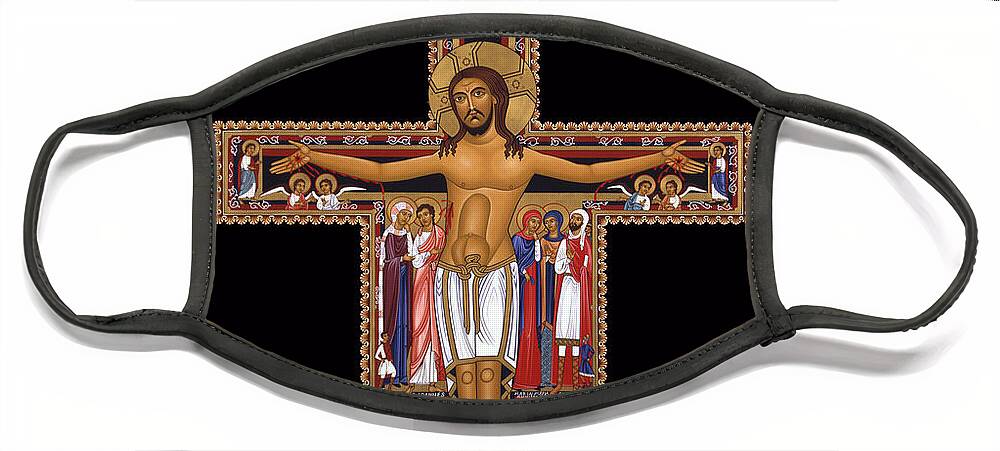 San Damiano Crucifix Face Mask featuring the painting San Damiano Crucifix - RLSDC by Br Robert Lentz OFM