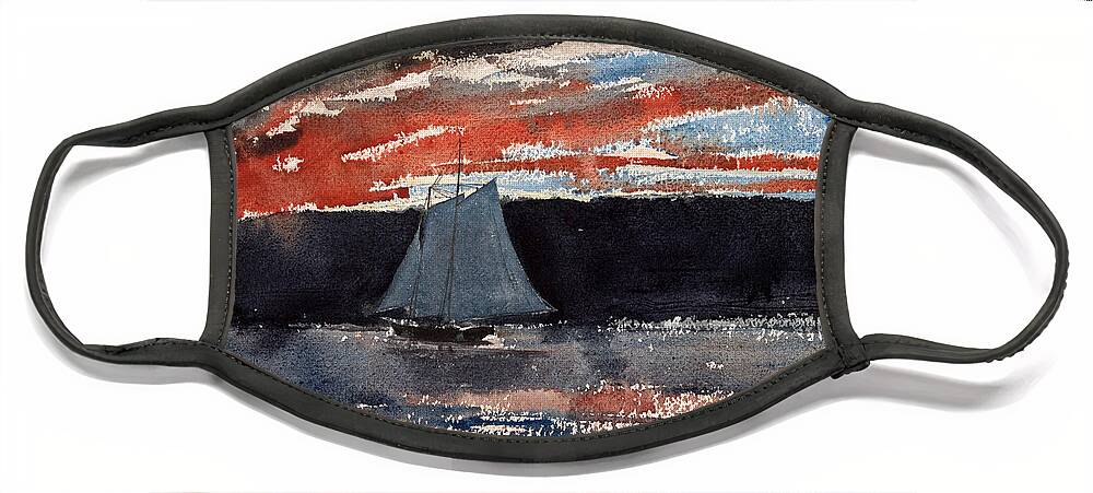 Winslow Homer Face Mask featuring the drawing Schooner at Sunset by Winslow Homer