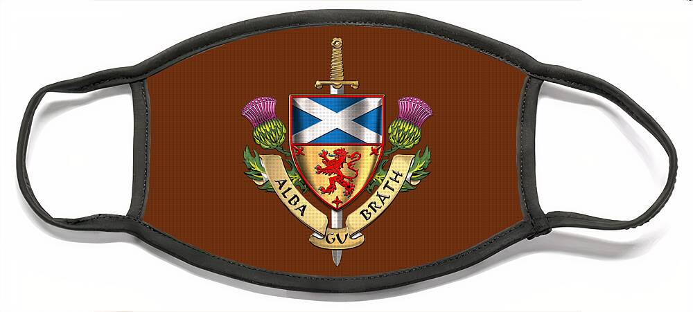 “world Heraldry” Collection Serge Averbukh Face Mask featuring the digital art Scotland Forever - Alba Gu Brath - Symbols of Scotland over Brown Leather by Serge Averbukh