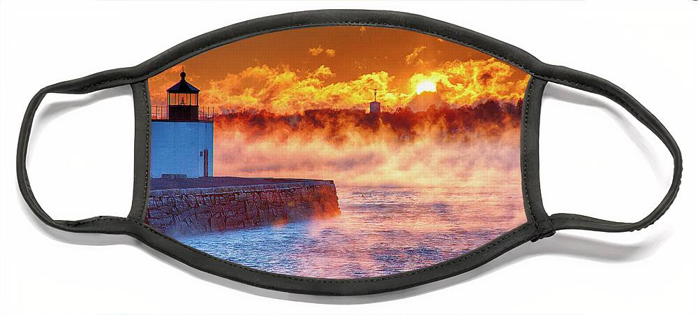 Derby Wharf Salem Face Mask featuring the photograph Seasmoke at Salem Lighthouse by Jeff Folger