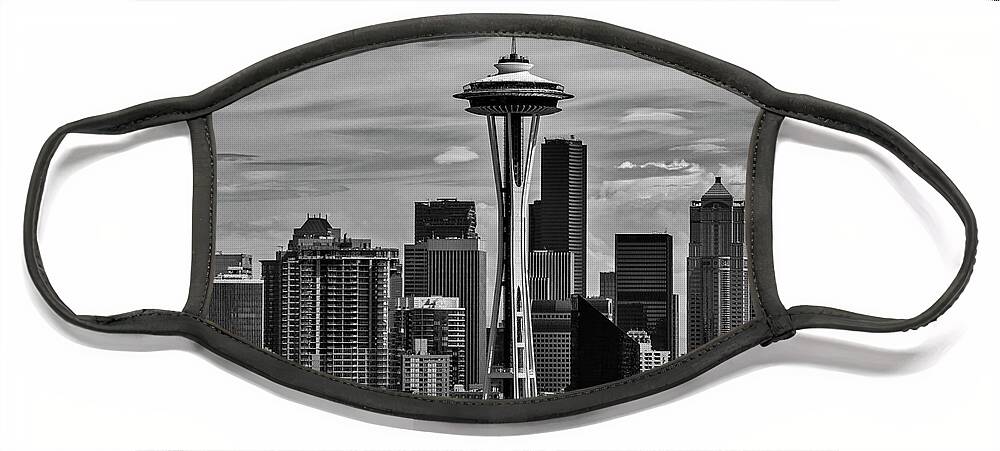 Space-needle Face Mask featuring the photograph Seattle Skyline In Black and White by Kirt Tisdale