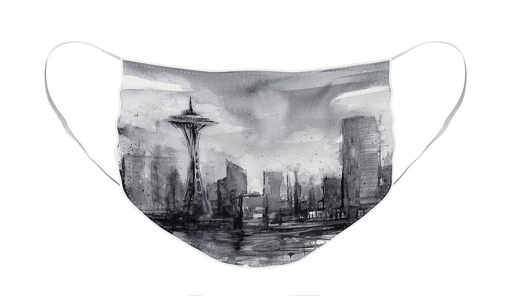 Seattle Face Mask featuring the painting Seattle Skyline Painting Watercolor by Olga Shvartsur
