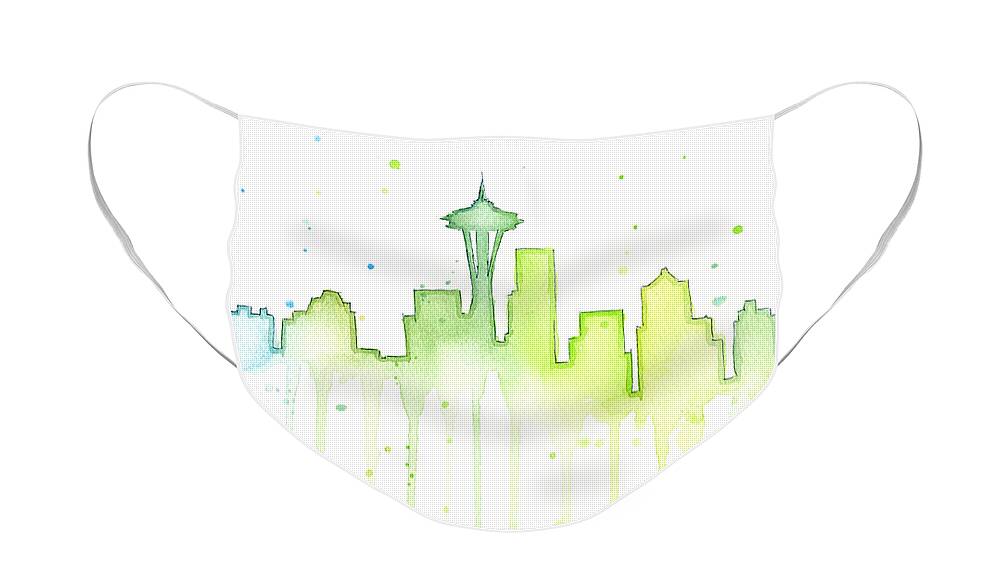 Seattle Face Mask featuring the painting Seattle Skyline Watercolor by Olga Shvartsur