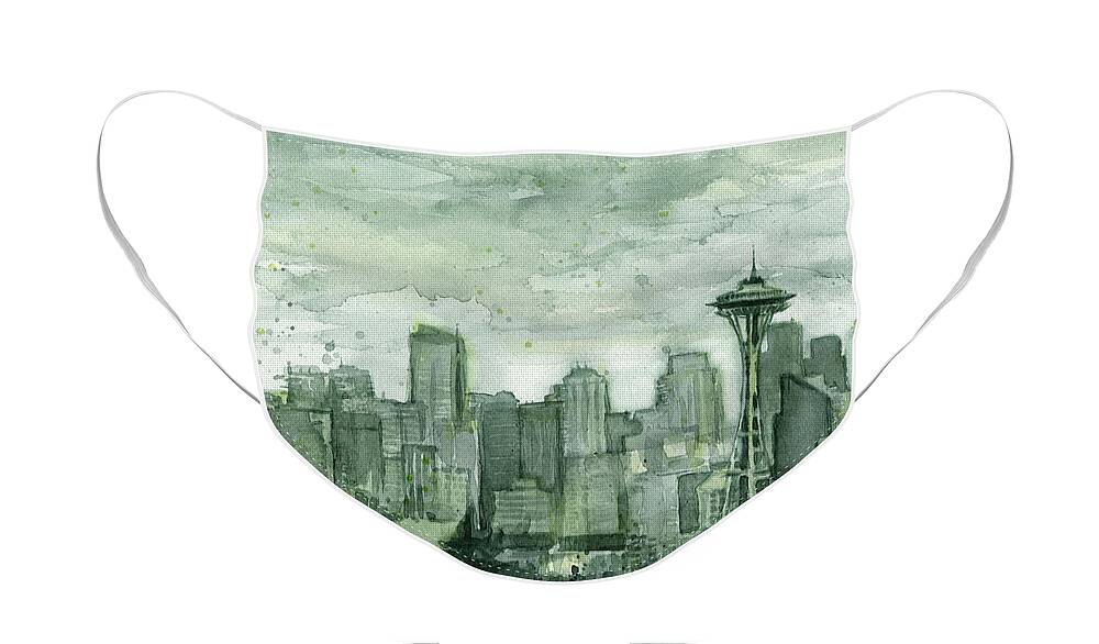Seattle Face Mask featuring the painting Seattle Skyline Watercolor Space Needle by Olga Shvartsur