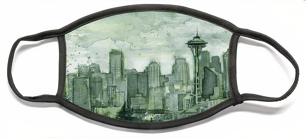 Seattle Face Mask featuring the painting Seattle Skyline Watercolor Space Needle by Olga Shvartsur