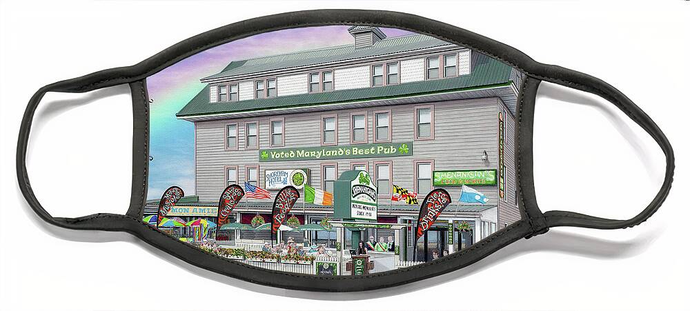 Ocean City Maryland Face Mask featuring the drawing Shenanigans Irish Pub and Grille by Albert Puskaric