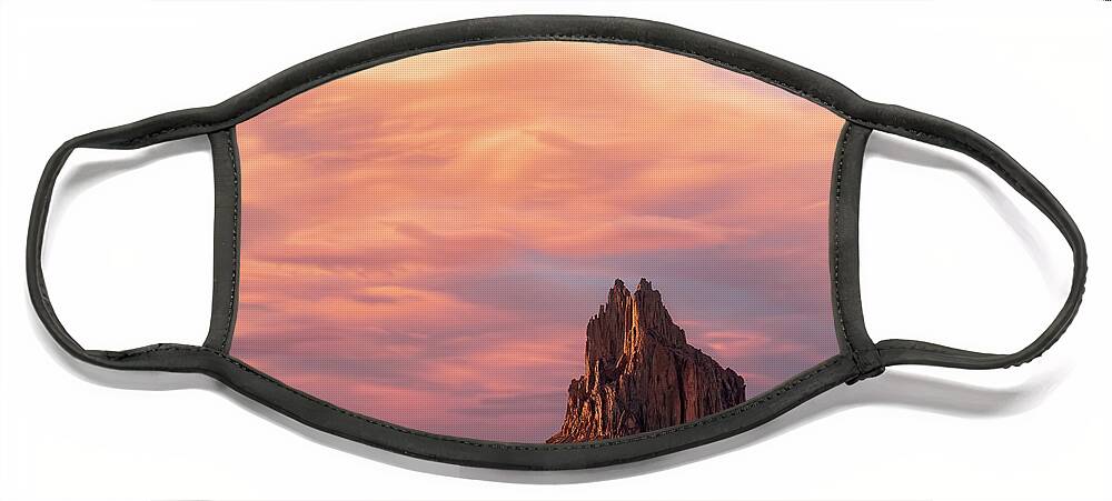Shiprock Pinnacle Face Mask featuring the photograph Shiprock at Sunset by Angela Moyer