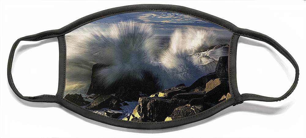 Quoddy Face Mask featuring the photograph Side Lit Wave Crashes Ashore at Quoddy Boldcoast by Marty Saccone