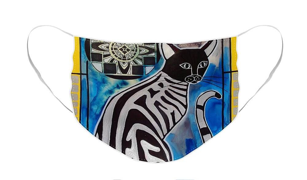 Cats Face Mask featuring the painting Silver Tabby with Mandala - Cat Art by Dora Hathazi Mendes by Dora Hathazi Mendes