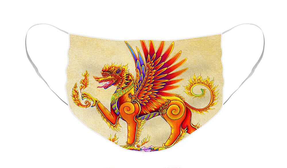 Singha Face Mask featuring the drawing Singha Balinese Winged Lion by Rebecca Wang