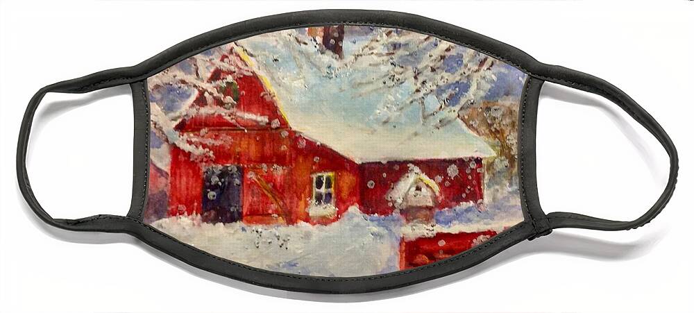 Barn Face Mask featuring the painting Snowflakes Falling at the Red Barn by Cheryl Wallace