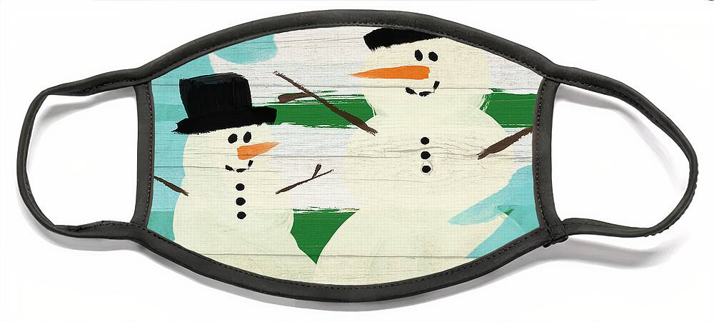 Snowman Face Mask featuring the painting Snowmen With Blue Trees- Art by Linda Woods by Linda Woods