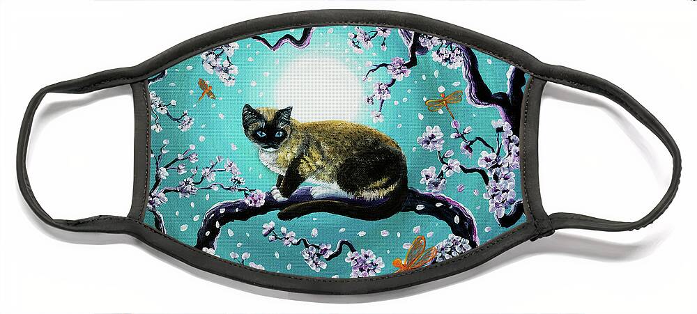 Siamese Face Mask featuring the painting Snowshoe Cat and Dragonfly in Sakura by Laura Iverson