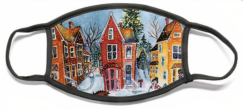 Linden Street Face Mask featuring the painting Snowy Day on Linden St by Cori Caputo