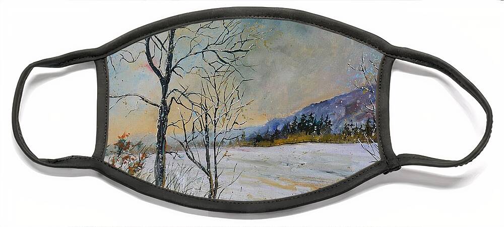 Landscape Face Mask featuring the painting Snowy landscape by Pol Ledent