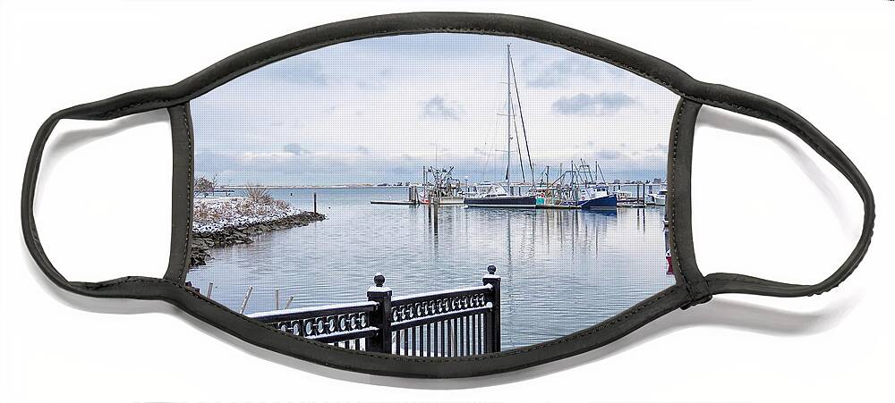 Snowy Morning Face Mask featuring the photograph Snowy Morning Plymouth Harbor by Janice Drew