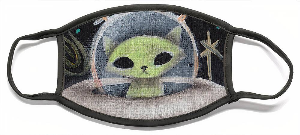 Mid Century Modern Face Mask featuring the painting Space Ship Green Cat by Abril Andrade