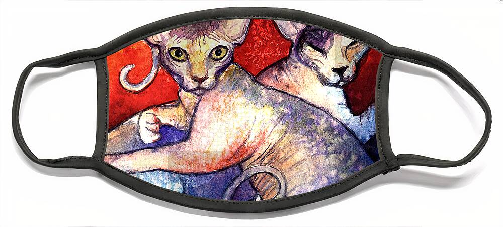 Sphynx Cat Picture Face Mask featuring the painting Sphynx cats sphinx family painting by Svetlana Novikova
