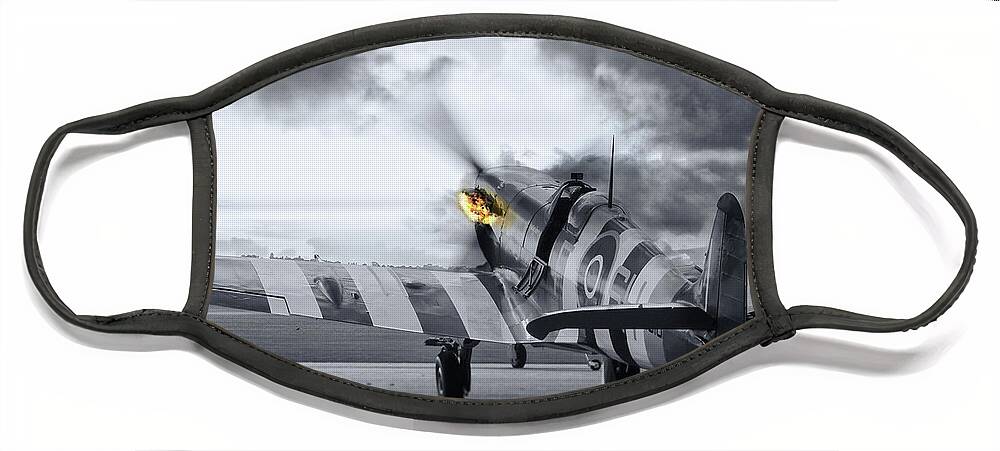 Spitfire Face Mask featuring the photograph Spitfire AB910 Spitting Fire by Airpower Art