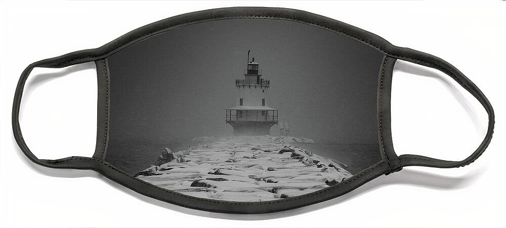 Sprint Point Face Mask featuring the photograph Spring Point Ledge Lighthouse Blizzard in Black n White by Darryl Hendricks