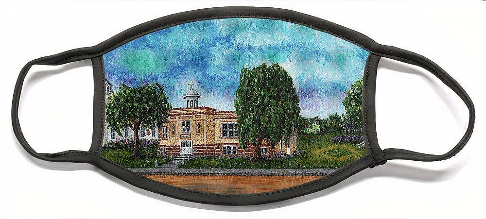 North Dakota Face Mask featuring the painting St. Elizabeth's School and Church by Linda Donlin