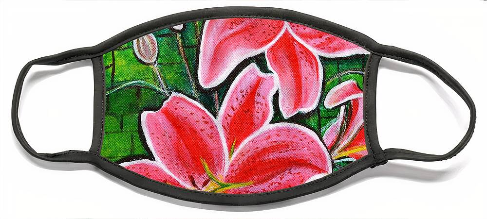 Lilies Face Mask featuring the painting Stargazer Lilies bold and vibrant floral painting on canvas by Manjiri Kanvinde