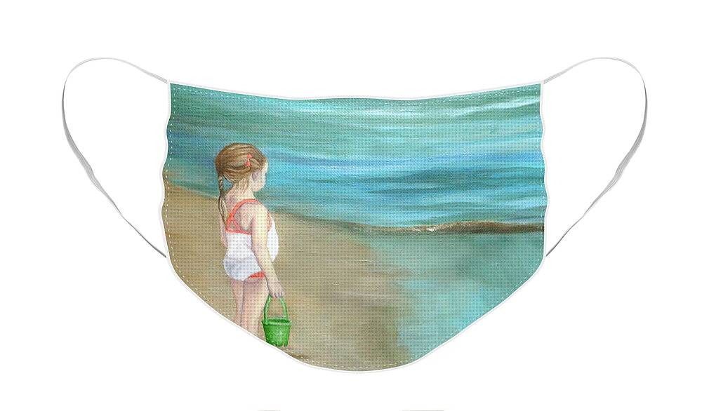 Girl At The Beach Face Mask featuring the painting Staring At The Sea by Angeles M Pomata