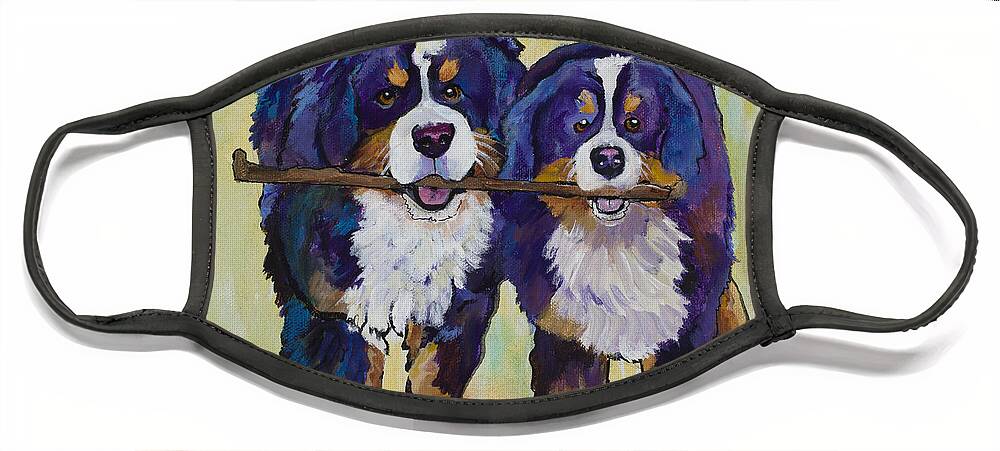Bernese Mountain Dogs Face Mask featuring the painting Stick Together by Pat Saunders-White