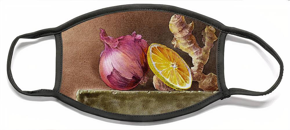 Onion Face Mask featuring the painting Still Life With Onion Lemon And Ginger by Irina Sztukowski