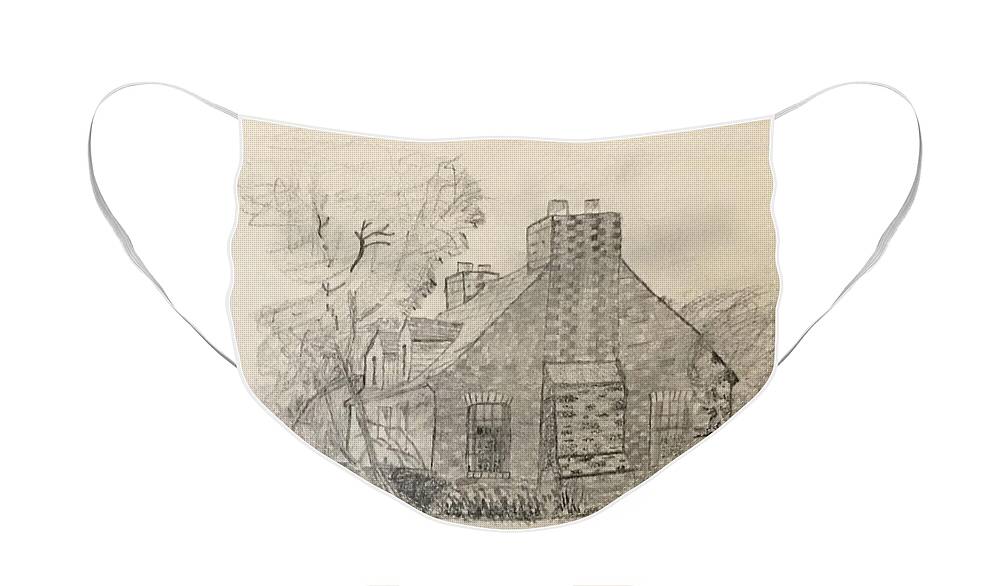 Cottage Face Mask featuring the drawing Stone cottage by Thomas Janos