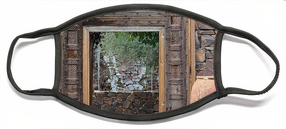 Garden Wall Face Mask featuring the photograph Stone Garden Wall and Clay Urns by Colleen Cornelius