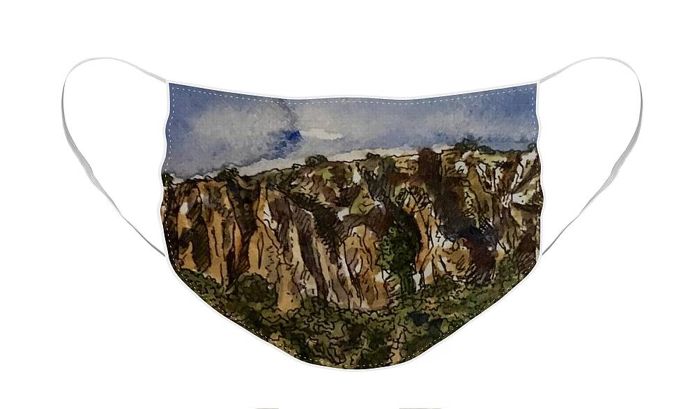 Landscape Face Mask featuring the painting Store at Davis Mountain's Base by Angela Weddle