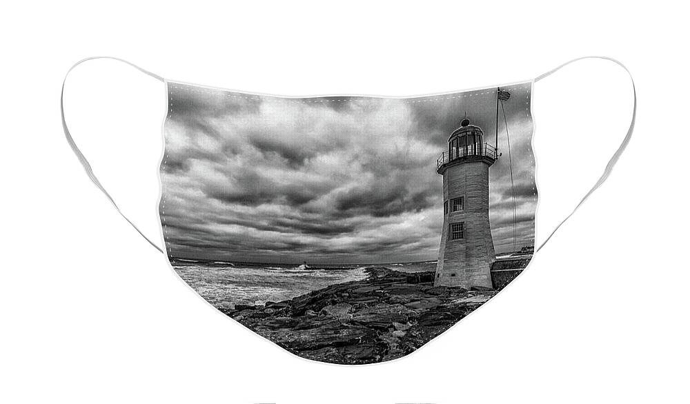 Storm Clouds Over Old Scituate Lighthouse In Black And White Face Mask featuring the photograph Storm Clouds over Old Scituate Lighthouse in Black and White by Brian MacLean