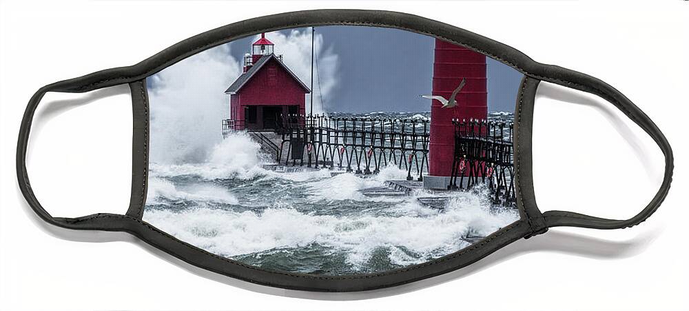 Lighthouse Face Mask featuring the photograph Storm on Lake Michigan by the Grand Haven Lighthouse with Flying Gulls by Randall Nyhof