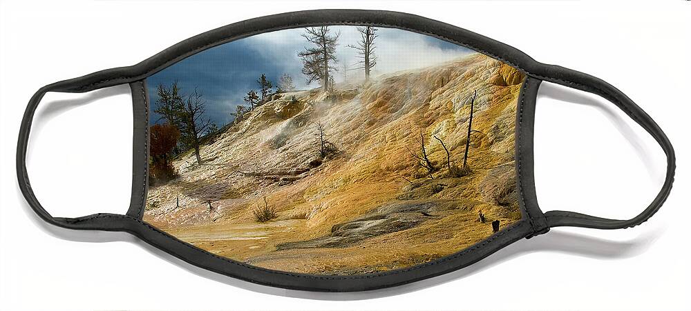 Yellowstone Face Mask featuring the photograph Stormy Skies at Mammoth by Steve Stuller
