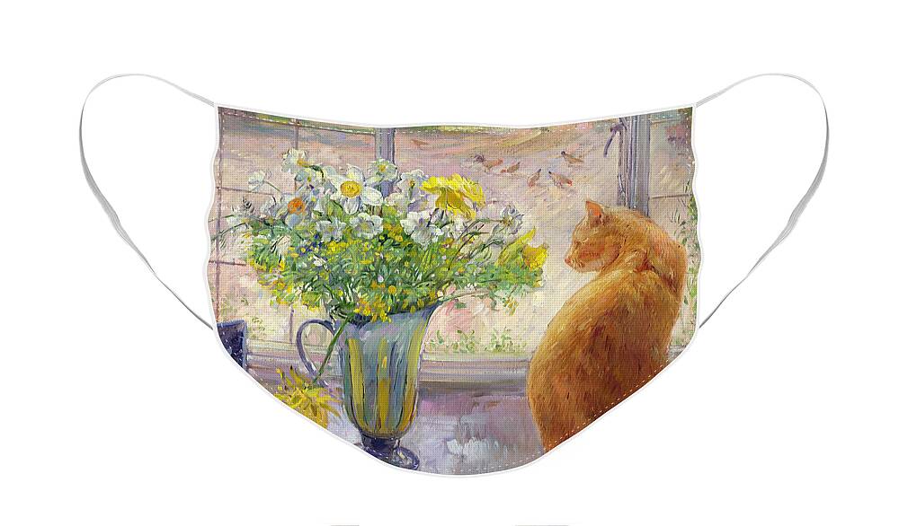 Ginger; Cat; Vase; Narcissi; Chicken; Pheasants Eye; Flower; Flowers ; Window; Open Window; Pheasant Face Mask featuring the painting Striped Jug with Spring Flowers by Timothy Easton