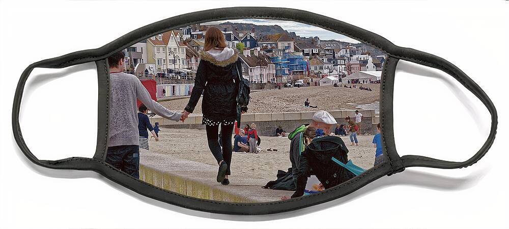 Beach Face Mask featuring the photograph Strolling Along Lyme Regis Beach by Peggy Dietz