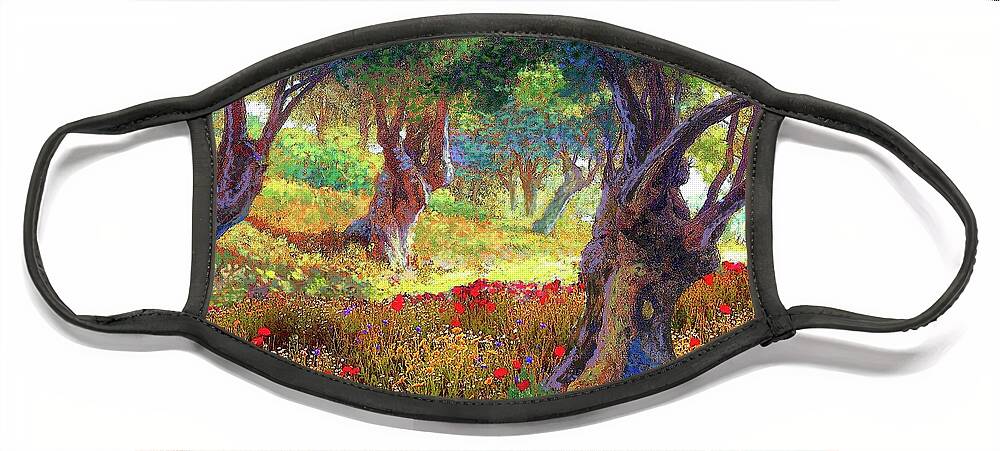 Landscape Face Mask featuring the painting Poppies and Olive Trees by Jane Small