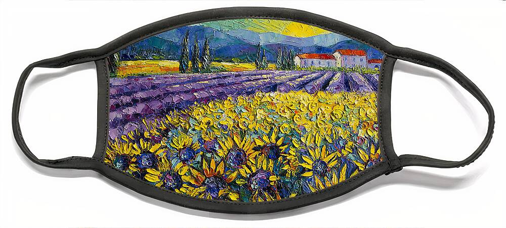 Sunflowers And Lavender Field The Colors Of Provence Face Mask featuring the painting SUNFLOWERS AND LAVENDER FIELD - THE COLORS OF PROVENCE Modern Impressionist Palette Knife Painting by Mona Edulesco