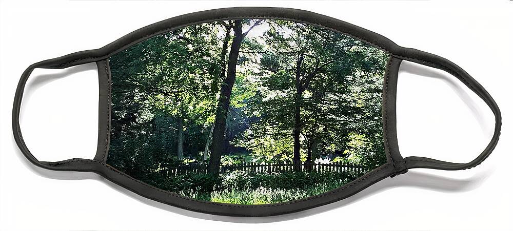 Sunlight Face Mask featuring the photograph Sunlight Through Trees and Fence by Frank J Casella